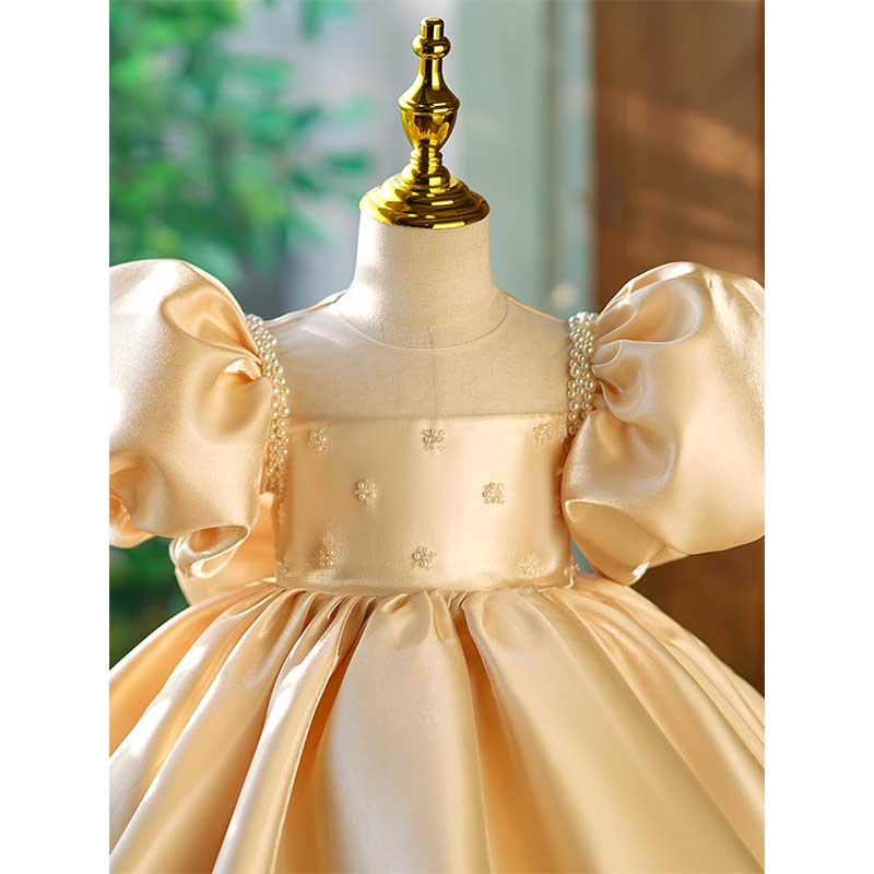 Gold Organza Princess Flower Girl Dress - Beaded Puff Sleeves