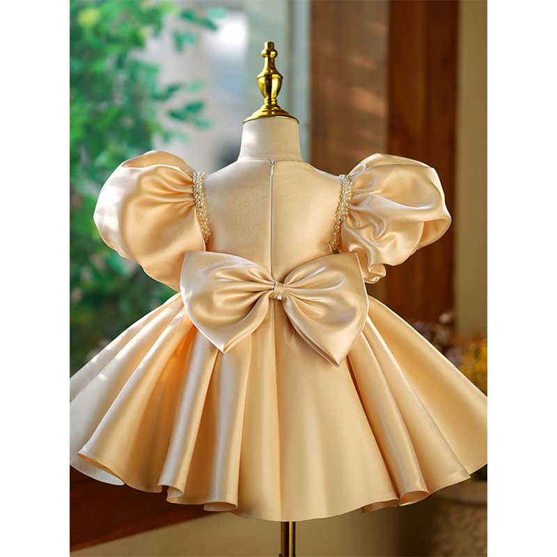 Gold Organza Princess Flower Girl Dress - Beaded Puff Sleeves