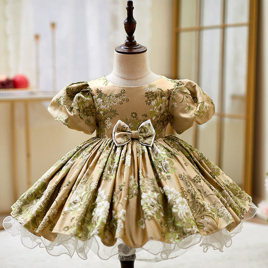 Gold Princess Satin Flower Girl Dress with Puff Sleeves