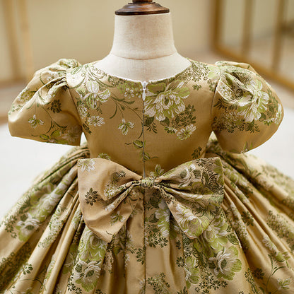 Gold Princess Satin Flower Girl Dress with Puff Sleeves