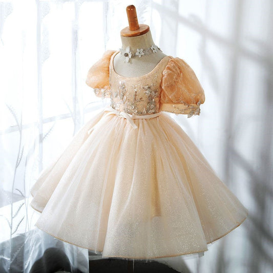 Gold Princess Tea-Length Flower Girl Dress with Lace Ruffles