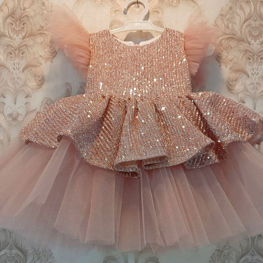 Gold Princess Tea-Length Flower Girl Dress with Ruffles and Bow