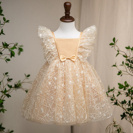 Gold Satin & Lace A-Line Flower Girl Dress - Tea Length