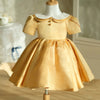 Gold Satin Princess Flower Girl Dress Collared Ruffle