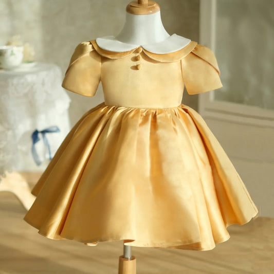 Gold Satin Princess Flower Girl Dress Collared Ruffle
