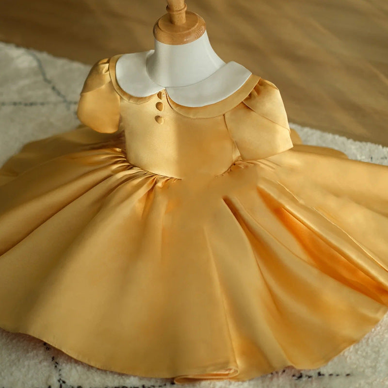 Gold Satin Princess Flower Girl Dress Collared Ruffle