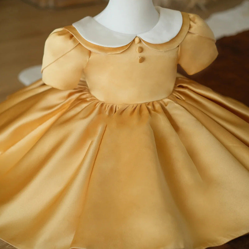 Gold Satin Princess Flower Girl Dress Collared Ruffle