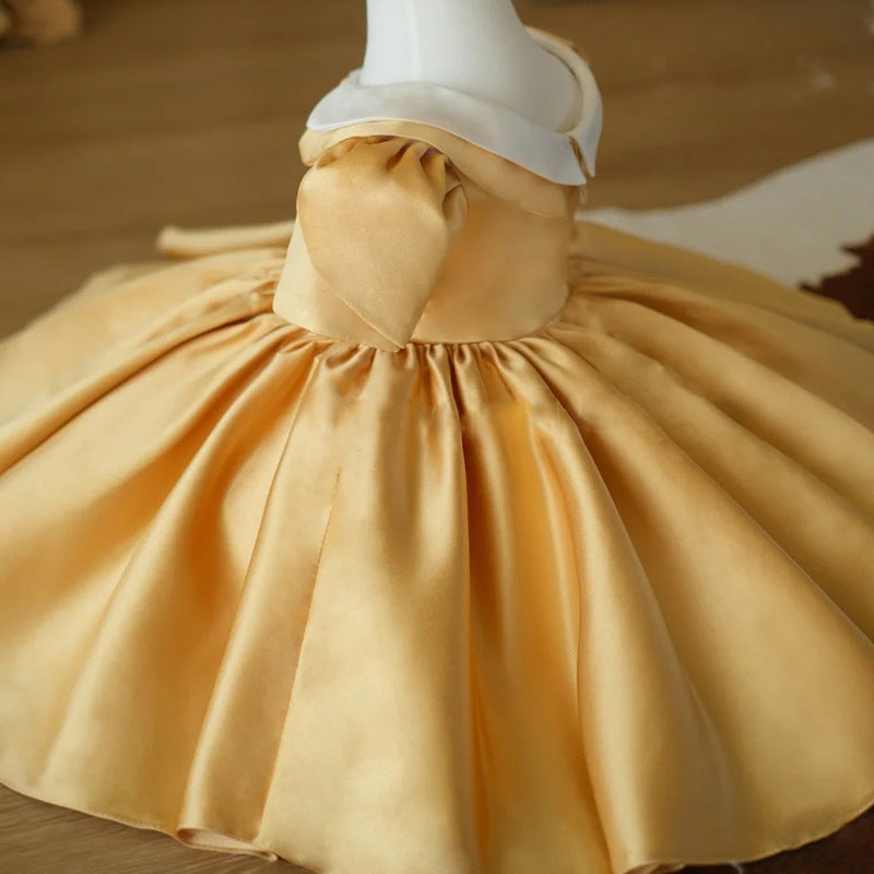 Gold Satin Princess Flower Girl Dress Collared Ruffle