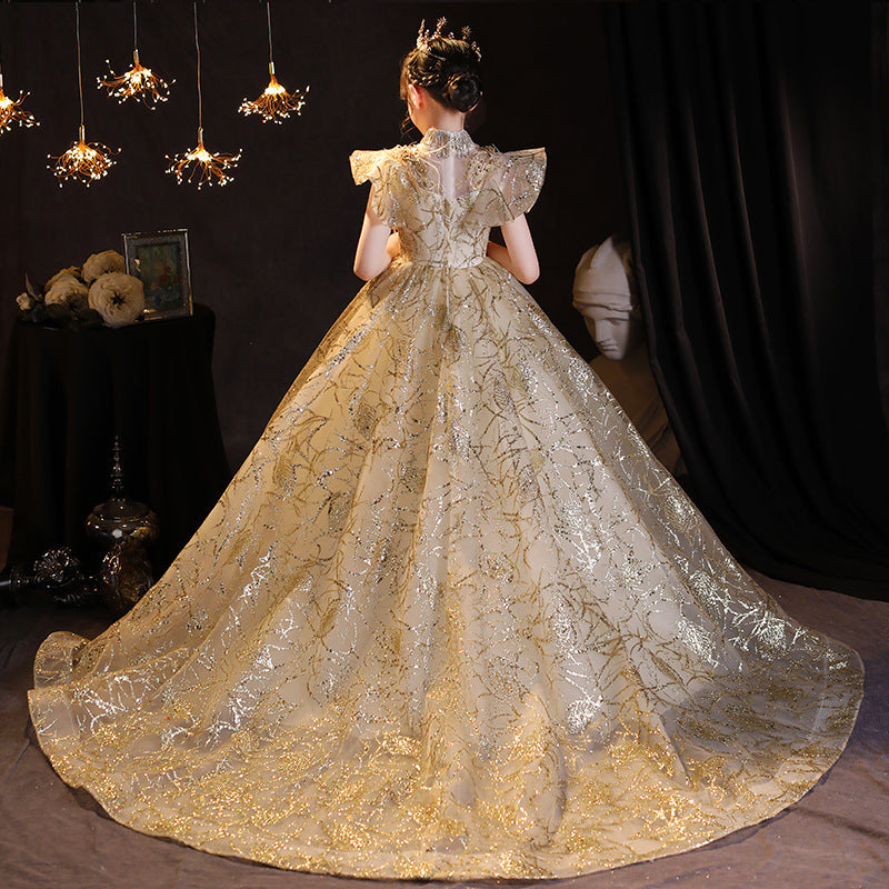 Gold Sequin A-Line Flower Girl Dress Beaded Turtle Cap Sleeve