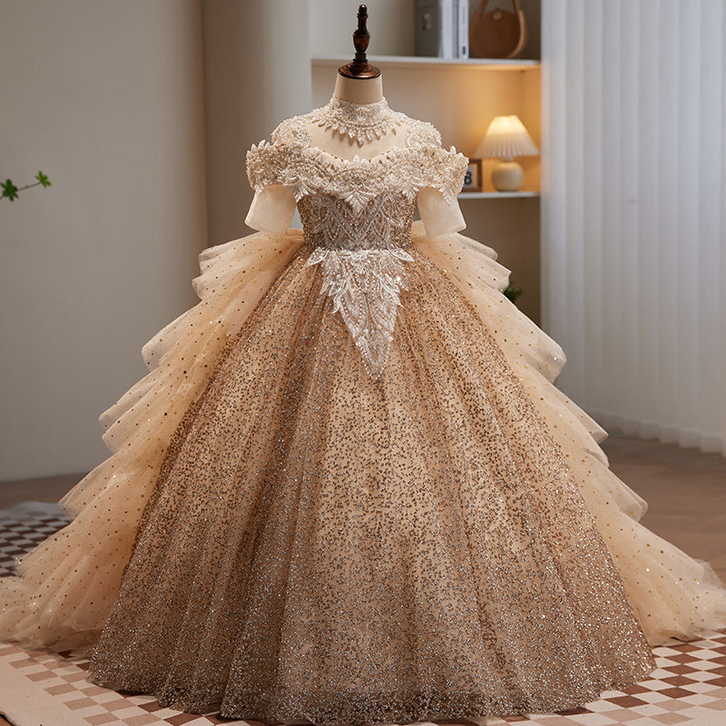 Gold Sequin A-Line Flower Girl Dress - Cold Shoulder