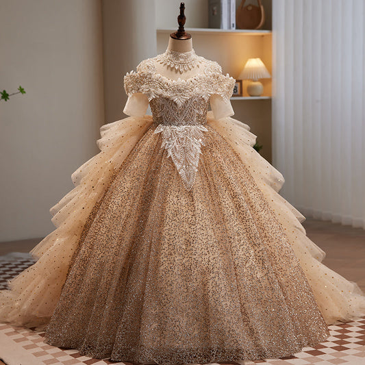 Gold Sequin A-Line Flower Girl Dress - Cold Shoulder