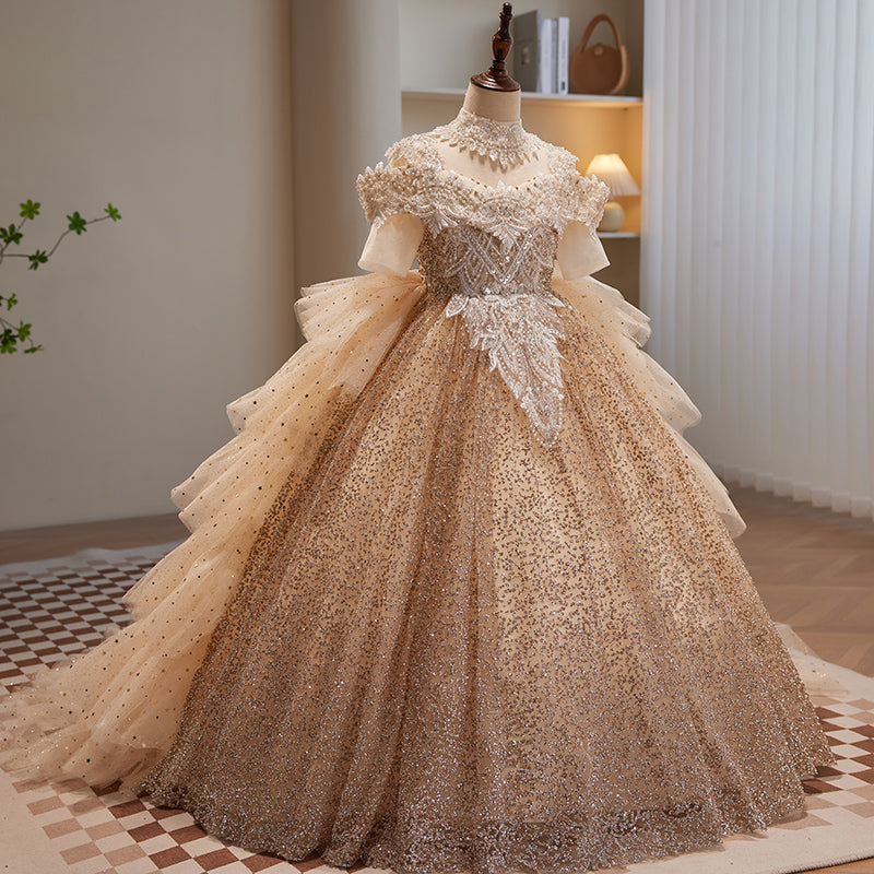 Gold Sequin A-Line Flower Girl Dress - Cold Shoulder
