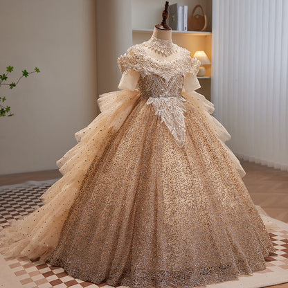 Gold Sequin A-Line Flower Girl Dress - Cold Shoulder