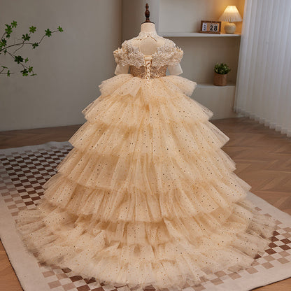 Gold Sequin A-Line Flower Girl Dress - Cold Shoulder