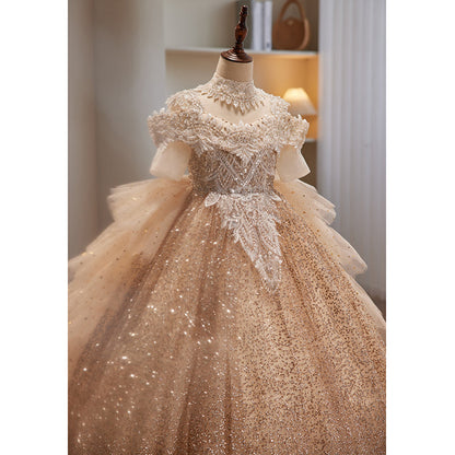 Gold Sequin A-Line Flower Girl Dress - Cold Shoulder