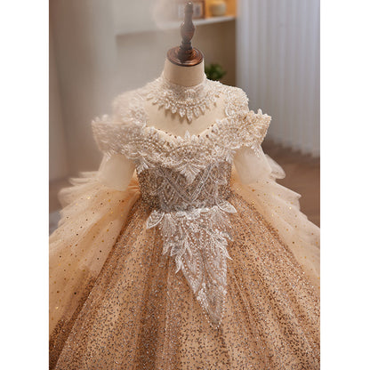 Gold Sequin A-Line Flower Girl Dress - Cold Shoulder