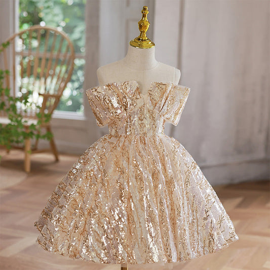 Gold Sequin A-Line Flower Girl Dress Cold Shoulder Knee