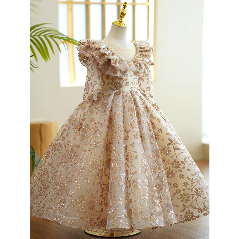 Gold Sequin A-Line Flower Girl Dress - Long Sleeves