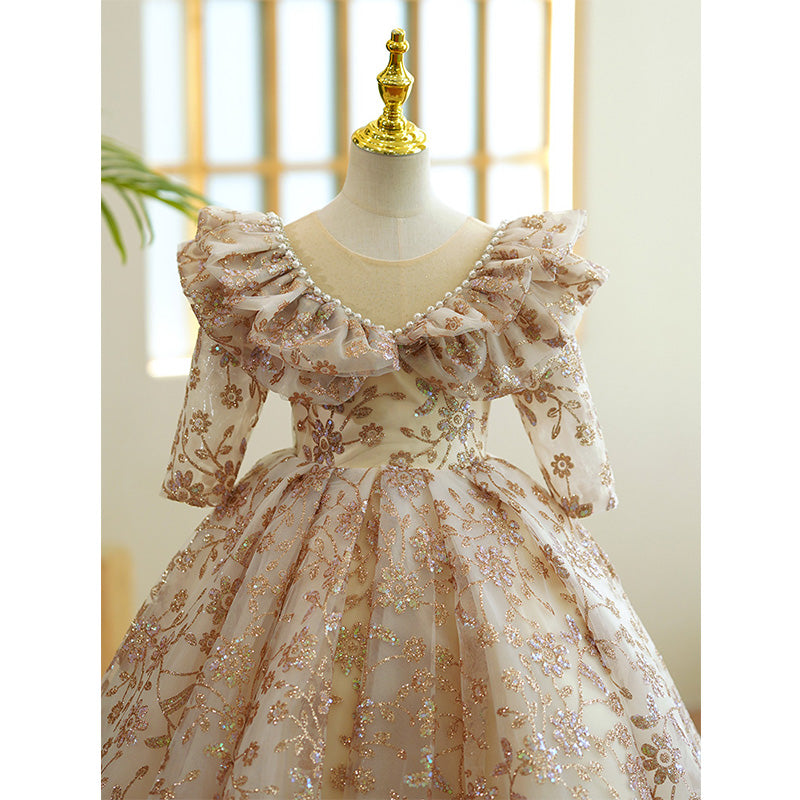 Gold Sequin A-Line Flower Girl Dress - Long Sleeves