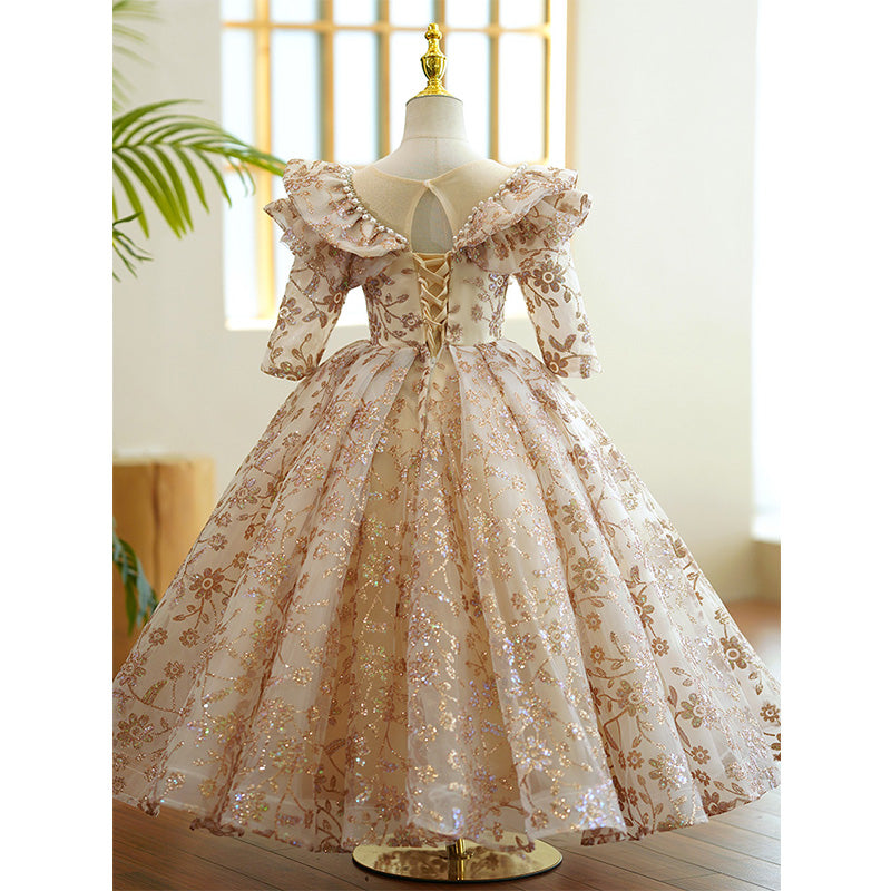 Gold Sequin A-Line Flower Girl Dress - Long Sleeves