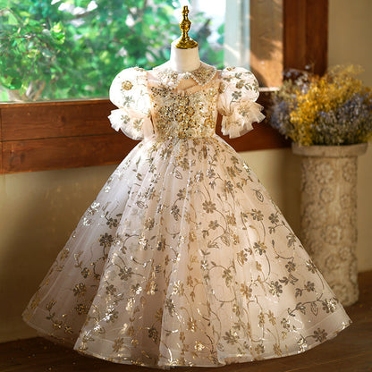 Gold Sequin Organza A-Line Flower Girl Dress with Puff Sleeves