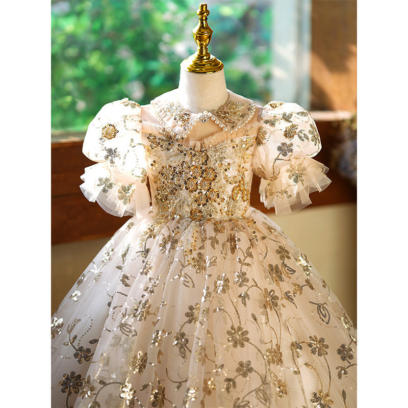 Gold Sequin Organza A-Line Flower Girl Dress with Puff Sleeves