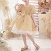 Gold Sequin Princess Dress with Bow and Tiered Skirt for Girls