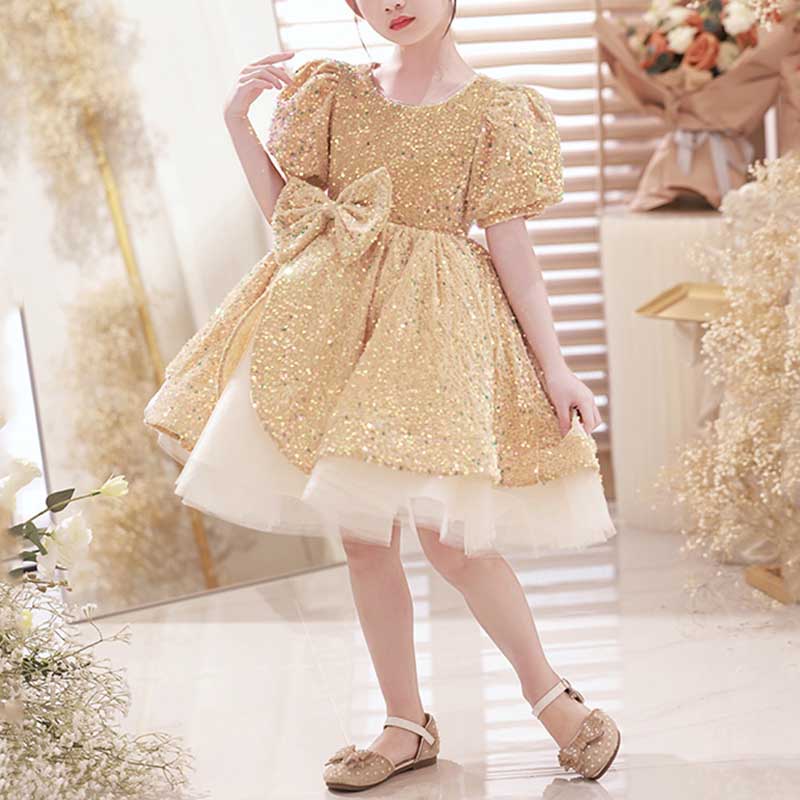 Girls' Gold Sequin Princess Dress – Knee Length, Bow & Tiered Skirt for Special Occasions
