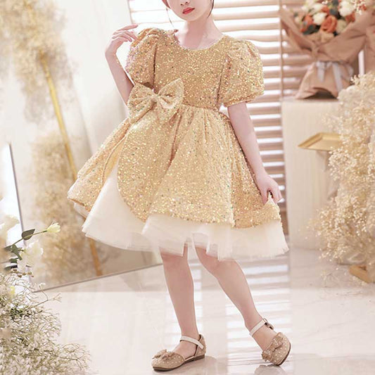 Girls' Gold Sequin Princess Dress – Knee Length, Bow & Tiered Skirt for Special Occasions