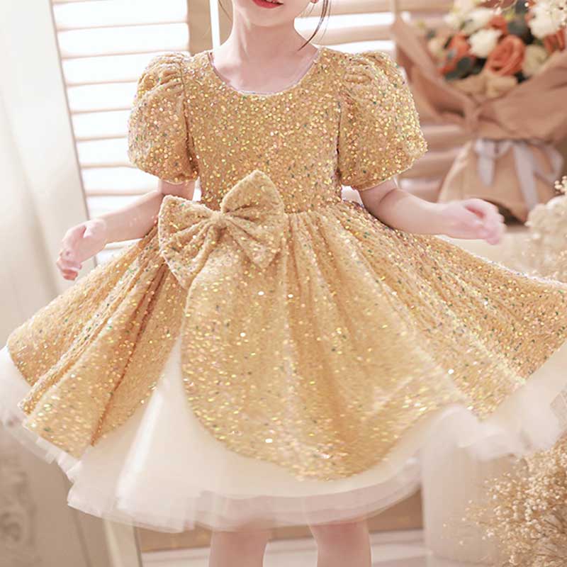 Girls' Gold Sequin Princess Dress – Knee Length, Bow & Tiered Skirt for Special Occasions