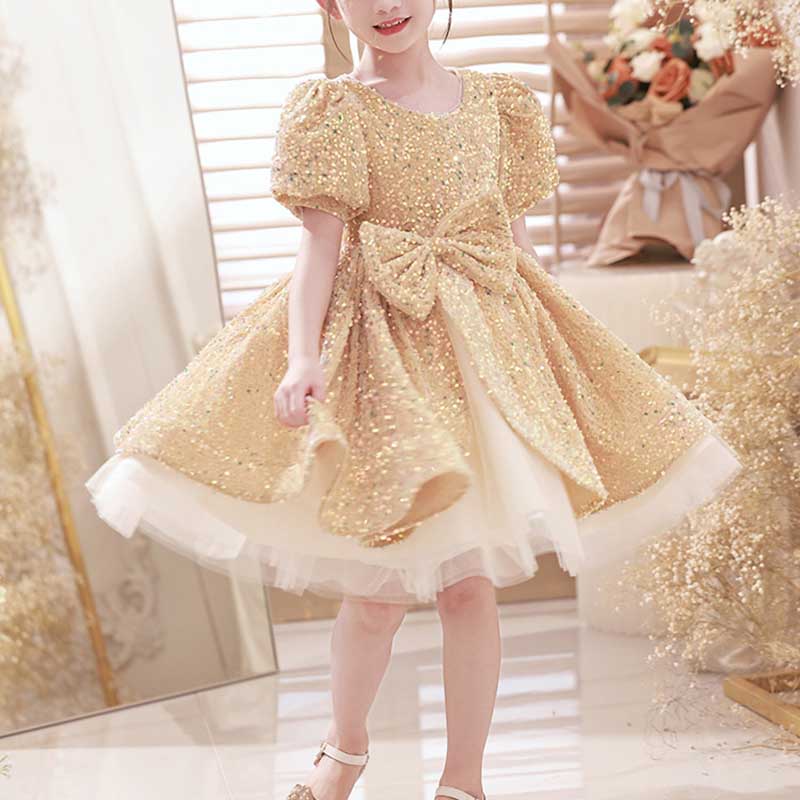 Girls' Gold Sequin Princess Dress – Knee Length, Bow & Tiered Skirt for Special Occasions