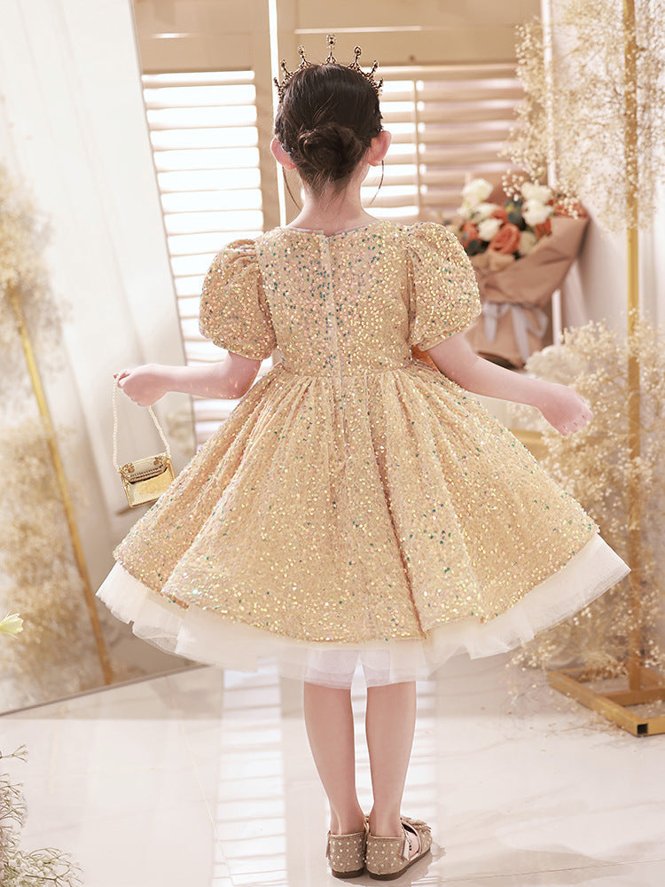 Girls' Gold Sequin Princess Dress – Knee Length, Bow & Tiered Skirt for Special Occasions
