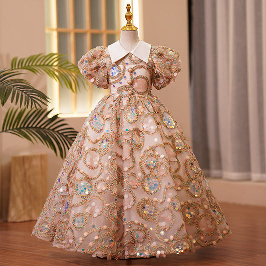 Gold Sequin Princess Flower Girl Dress Collared Puff Sleeve