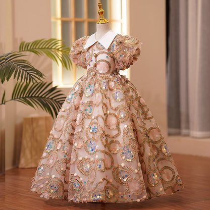 Gold Sequin Princess Flower Girl Dress Collared Puff Sleeve