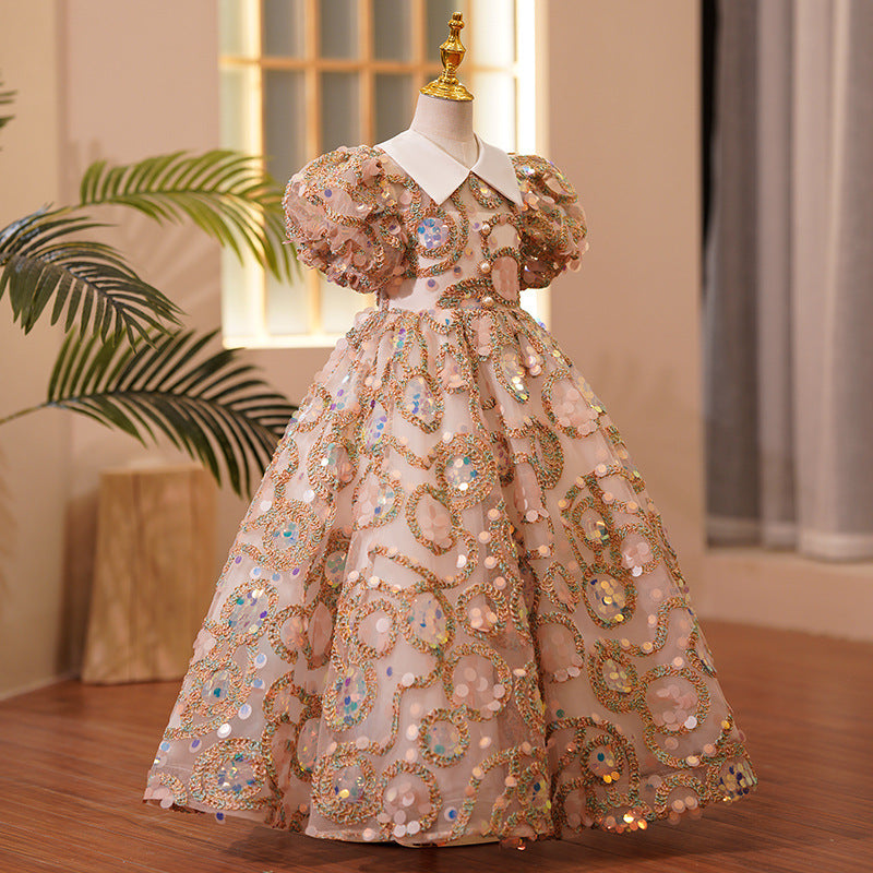 Gold Sequin Princess Flower Girl Dress Collared Puff Sleeve