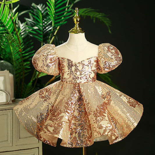 Gold Sequin Princess Flower Girl Dress - Puff Sleeves