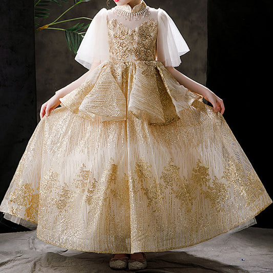 Gold Ball Gown for Girls with Sequins & Tiered Skirt – Princess Birthday & Flower Girl Dress