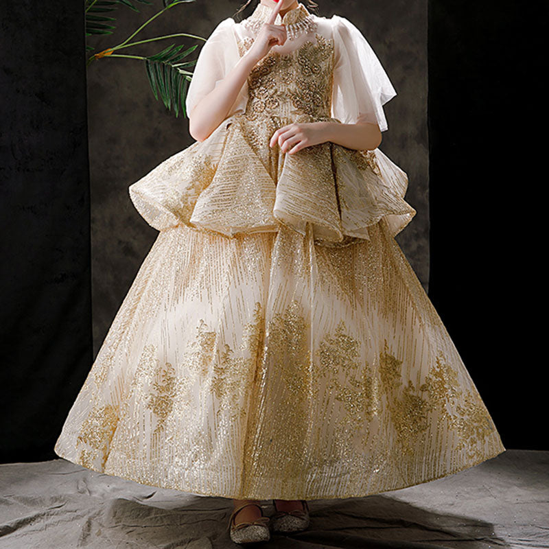 Gold Ball Gown for Girls with Sequins & Tiered Skirt – Princess Birthday & Flower Girl Dress