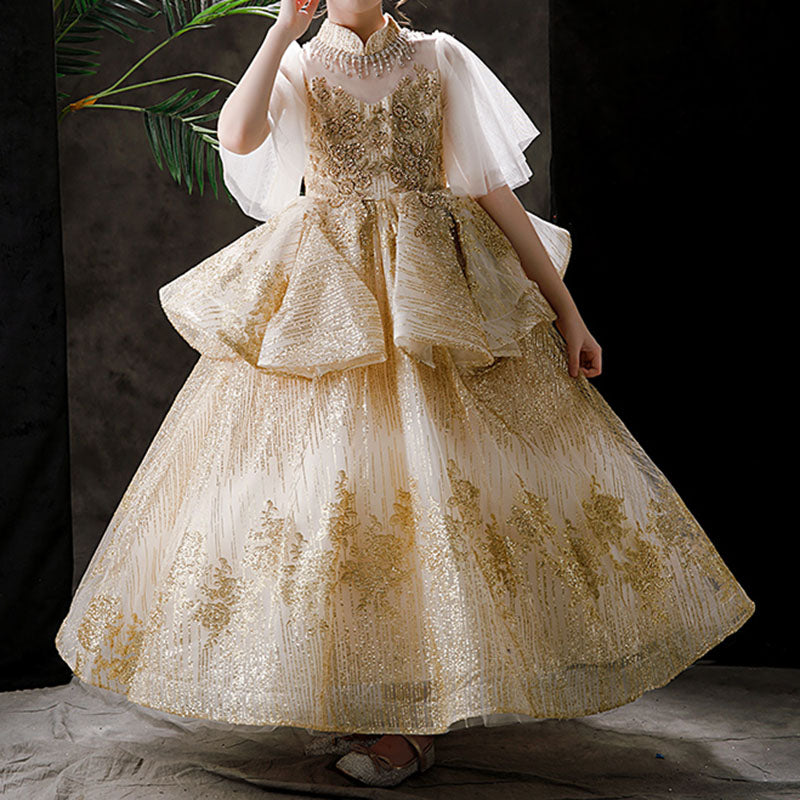 Gold Ball Gown for Girls with Sequins & Tiered Skirt – Princess Birthday & Flower Girl Dress