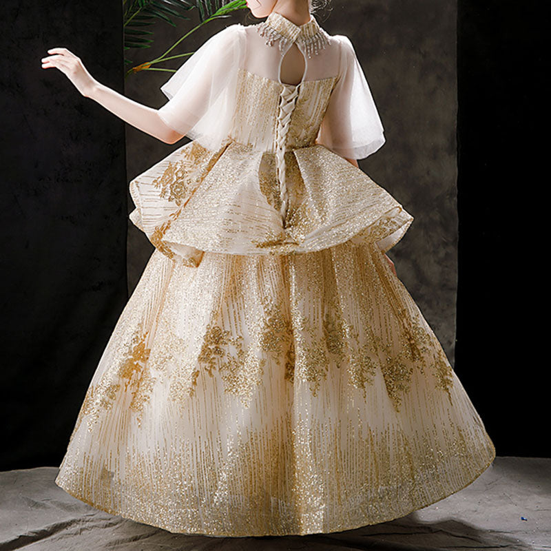 Gold Ball Gown for Girls with Sequins & Tiered Skirt – Princess Birthday & Flower Girl Dress