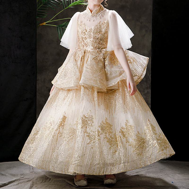 Gold Ball Gown for Girls with Sequins & Tiered Skirt – Princess Birthday & Flower Girl Dress