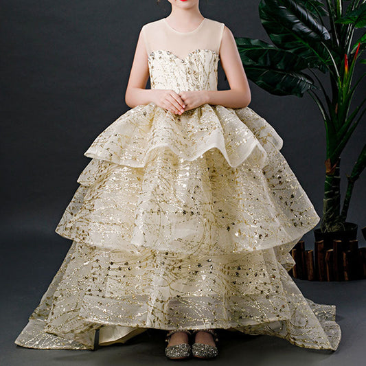Gold Sequined A-Line Princess Dress for Girls | Tiered Floor-Length Gown