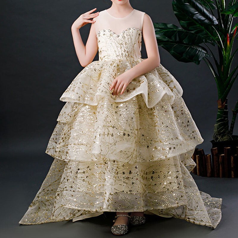 Gold Sequined A-Line Princess Dress for Girls | Tiered Floor-Length Gown