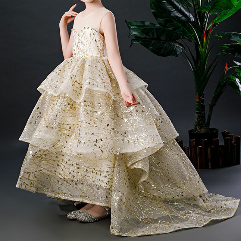 Gold Sequined A-Line Princess Dress for Girls | Tiered Floor-Length Gown