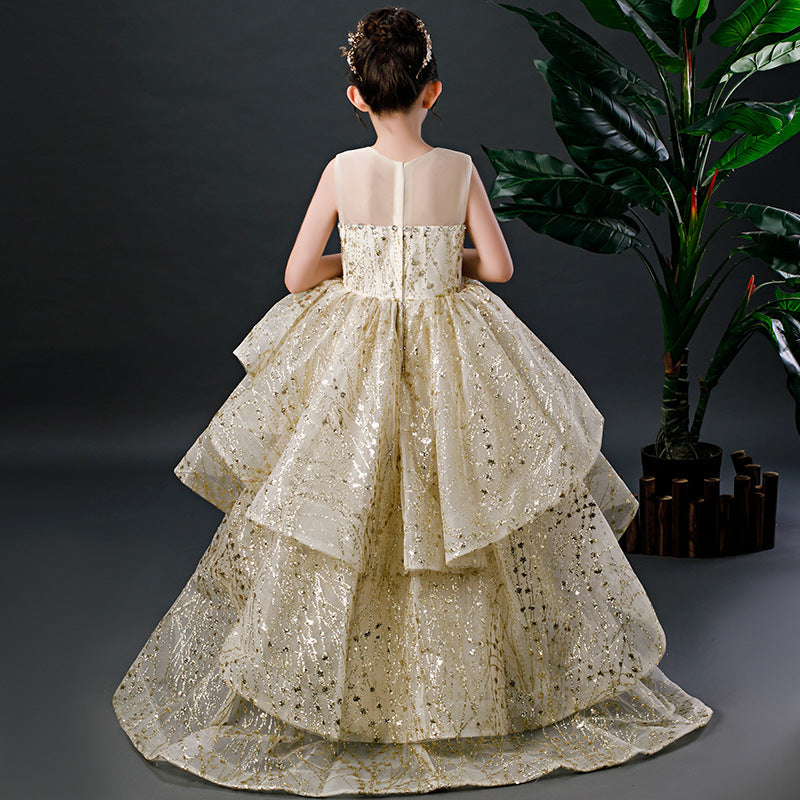 Gold Sequined A-Line Princess Dress for Girls | Tiered Floor-Length Gown