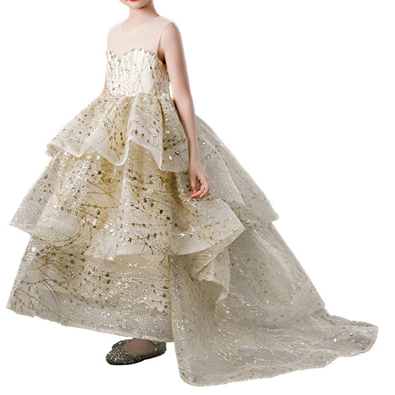 Gold Sequined A-Line Princess Dress for Girls | Tiered Floor-Length Gown