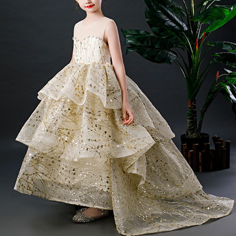 Gold Sequined A-Line Princess Dress for Girls | Tiered Floor-Length Gown