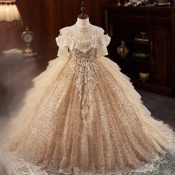 Pink Satin Princess A-Line Flower Girl Dress with Bowknot and Sequins