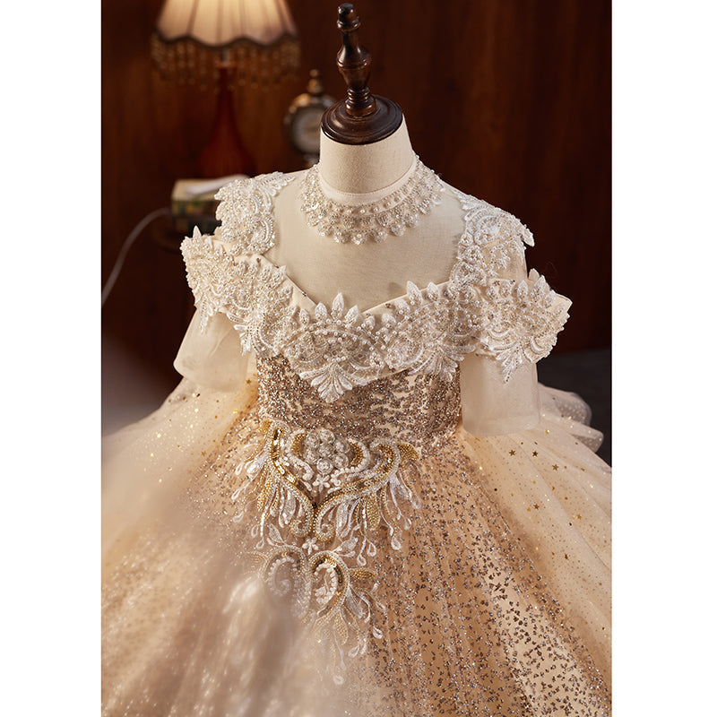 Gold Sequin Tulle A-Line Flower Girl Dress - Lace & Beaded