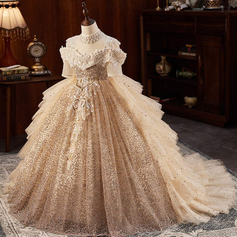 Gold Sequin Tulle A-Line Flower Girl Dress - Lace & Beaded